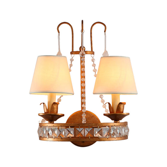 Vintage Fabric Cone Wall Lamp With Crystal Accent And Brass Finish - 2 Bulbs Included