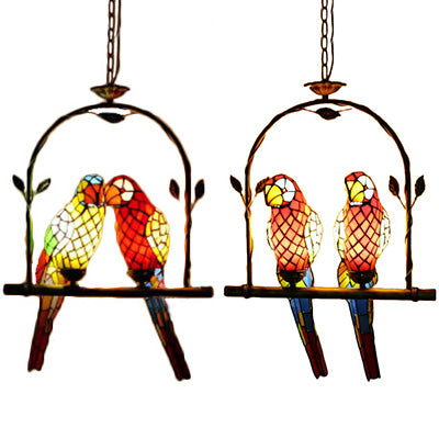 Stylish Parrot Tiffany Pendant Lamp With Hanging Perch Swing And 2 Red/Red & Yellow Lights