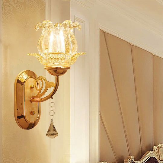 Vintage-Style Bedside Wall Sconce Lamp With Flower Amber Glass Shade And Pull Chain