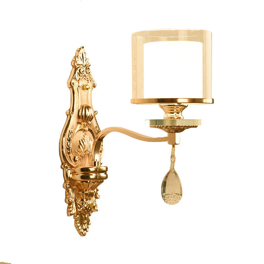 Vintage Gold Finish Cylinder Sconce Light: Metal Wall Fixture With Double Glass Shade And Crystal