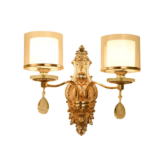 Vintage Gold Finish Cylinder Sconce Light: Metal Wall Fixture With Double Glass Shade And Crystal