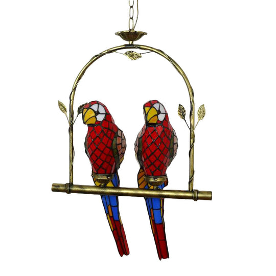 Stylish Parrot Tiffany Pendant Lamp With Hanging Perch Swing And 2 Red/Red & Yellow Lights