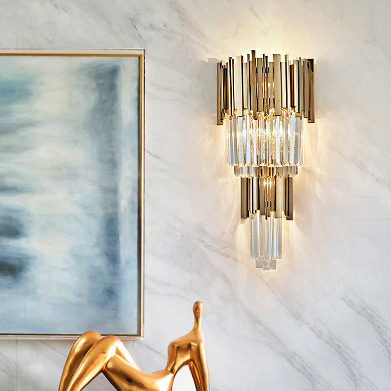 Modern Clear Crystal Tiered 2-Bulb Golden Wall Sconce Light - 8/12 W Metal