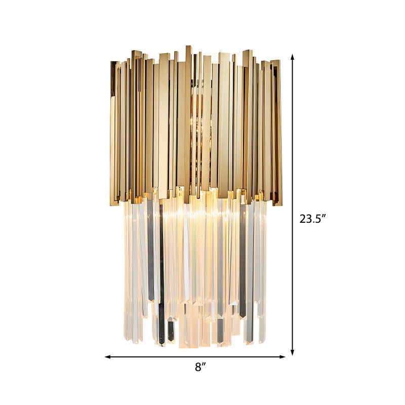 Modern Clear Crystal Tiered 2-Bulb Golden Wall Sconce Light - 8/12 W Metal