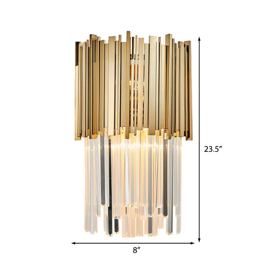 Modern Clear Crystal Tiered 2-Bulb Golden Wall Sconce Light - 8/12 W Metal