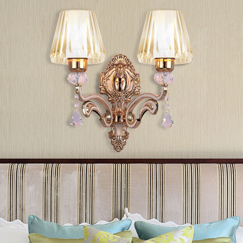 Vintage Cone Wall Lamp - Metal 2-Light Brass Sconce With Clear Glass Shade And Crystal Accent / B