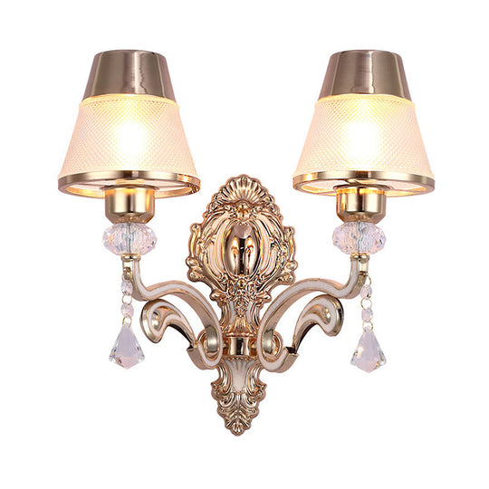Vintage Cone Wall Lamp - Metal 2-Light Brass Sconce With Clear Glass Shade And Crystal Accent