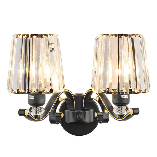 Modern Clear Glass Conic Wall Lamp - 1/2-Bulb Black Sconce Lighting With Crystal Decor