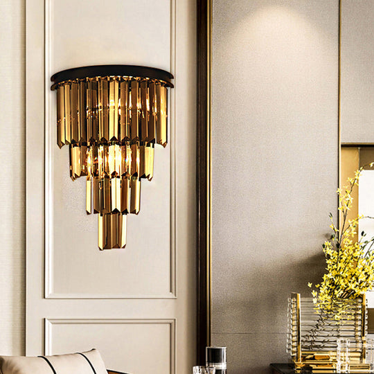 Modern Clear/Amber Layered Wall Light Sconce With Crystal Accents - 2-Light Mounted Lamp For Living