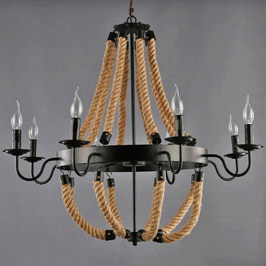 Rustic Iron Flaxen Candlestick Chandelier - Pendant Lighting With Hemp Rope For Living Room