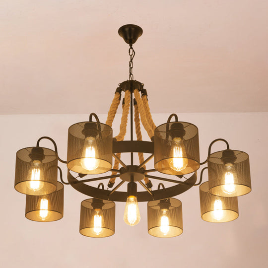 Vintage Iron Wheel Chandelier Pendant Light With Hemp Rope In Black For Restaurants / 36.5’ B