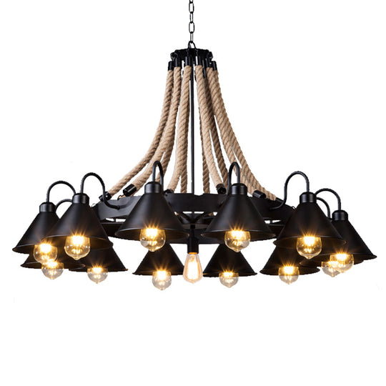 Antique Style Iron Chandelier With Black Conical Shade And Hemp Rope Pendant Lighting For