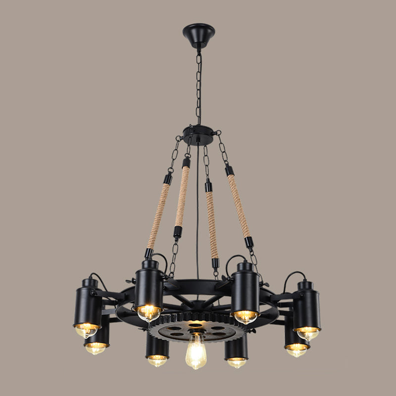 Rustic Wheel Suspension Iron Chandelier With Hemp Rope Decoration - Black 8 /