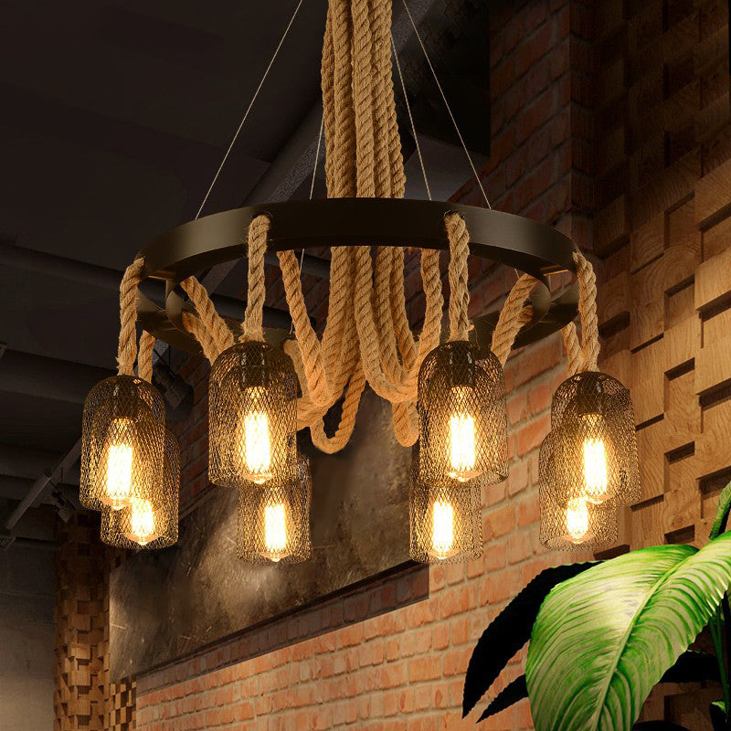 Vintage Iron Chandelier Pendant Light With Rope Detail For Restaurants - Black