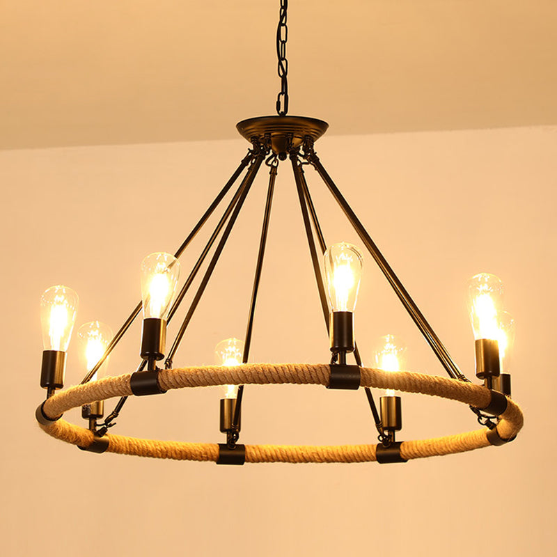 Rustic Hemp Rope Restaurant Chandelier With Black Dangling Suspension Light 8 / B