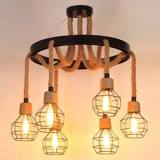 Rustic Hemp Rope Restaurant Chandelier With Black Dangling Suspension Light 6 / E