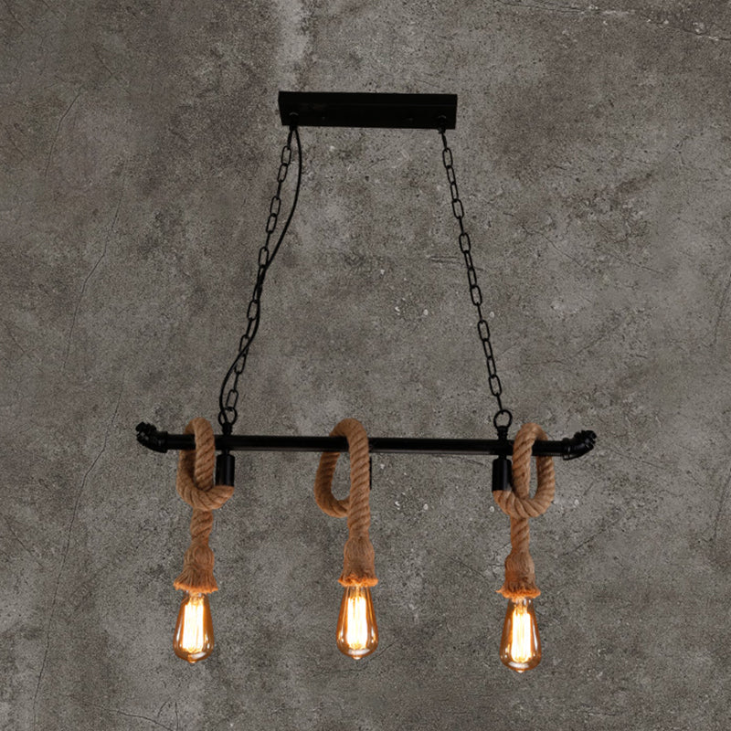 Rustic Metallic Water Pipe Hanging Lamp With Hemp Rope - Black Restaurant Chandelier 3 /