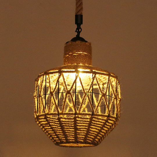 Hemp Rope Industrial Ceiling Pendant Light - Flaxen Single Hanging Fixture For Restaurants / H