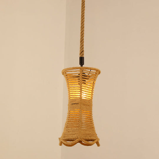 Antique Caged Pendant Light With Hemp Rope - Brown 1-Light For Restaurants / C