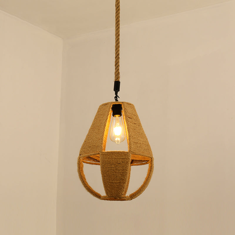 Antique Caged Pendant Light With Hemp Rope - Brown 1-Light For Restaurants / J