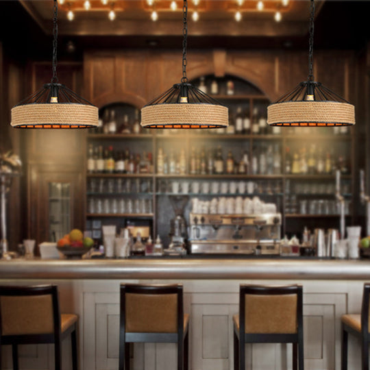 Rustic Geometric Hemp Rope Pendant Light With Single Bulb - Ideal For Restaurants Black Fixture