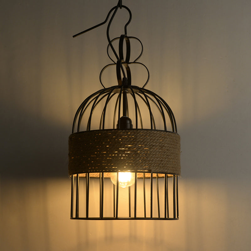 Black Vintage Birdcage Pendant Lamp With Hemp Rope