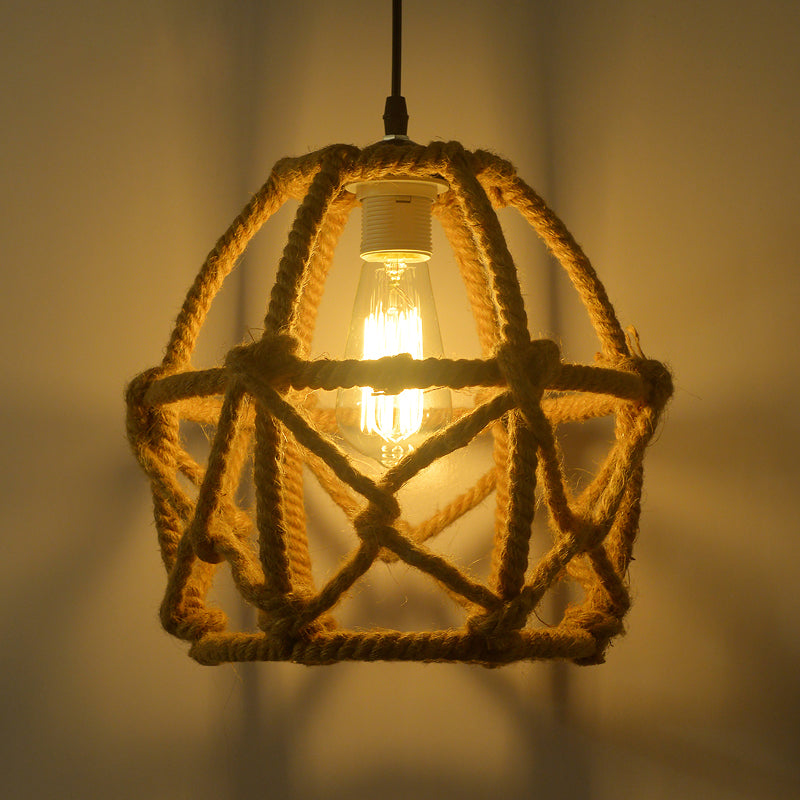 Globe Cage Hemp Rope Pendant Light - Antique Brown Finish 1-Light Fixture For Restaurants