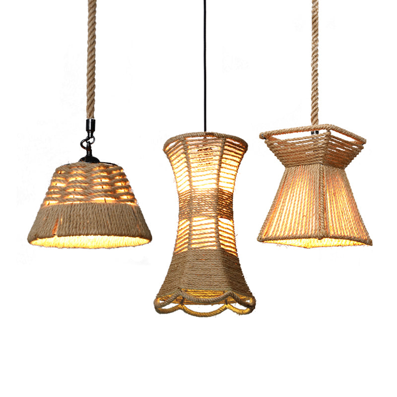 Hemp Rope Rustic Pendant Light With Caged Design And Brown Finish For Restaurants