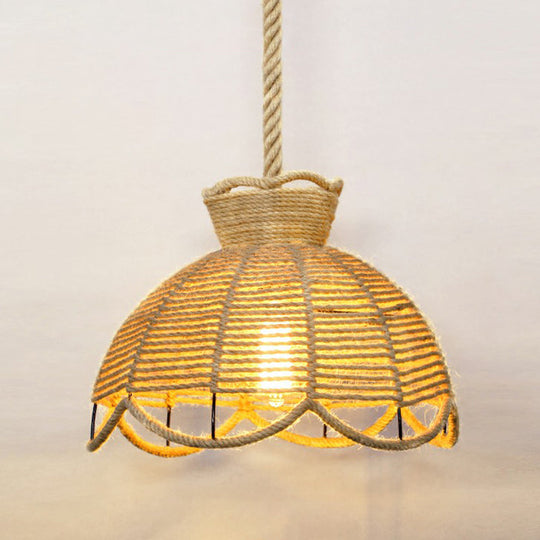 Hemp Rope Rustic Pendant Light With Caged Design And Brown Finish For Restaurants / H