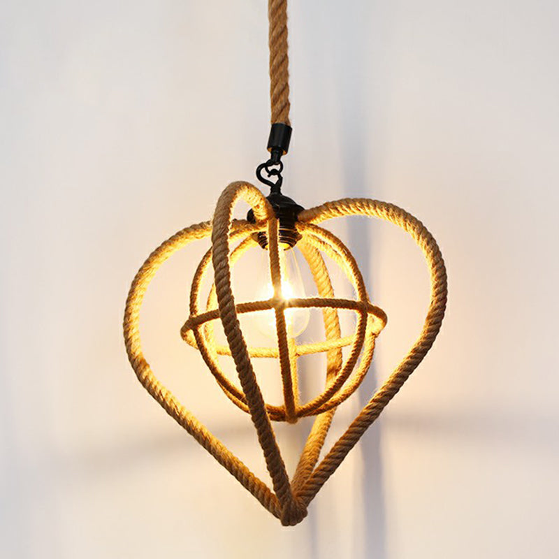 Hemp Rope Rustic Pendant Light With Caged Design And Brown Finish For Restaurants / J