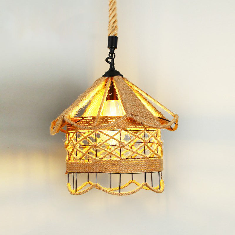 Hemp Rope Rustic Pendant Light With Caged Design And Brown Finish For Restaurants / M