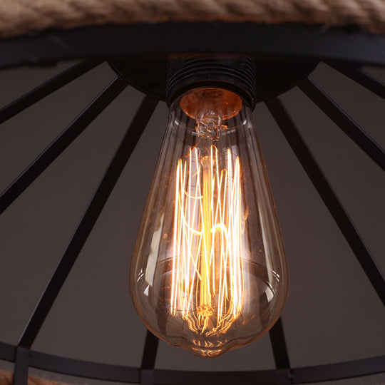 Hemp Rope Hanging Yurt Lamp: Vintage Single-Bulb Pendant For Restaurant Lighting Black