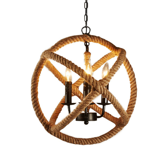 Flaxen Hemp Rope Pendant Ceiling Light With Metallic Candle – Retro Style 3-Bulb Suspension