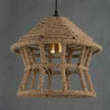 Retro House Shaped Hemp Rope Pendant Ceiling Light In Brown With 1 Head Suspension