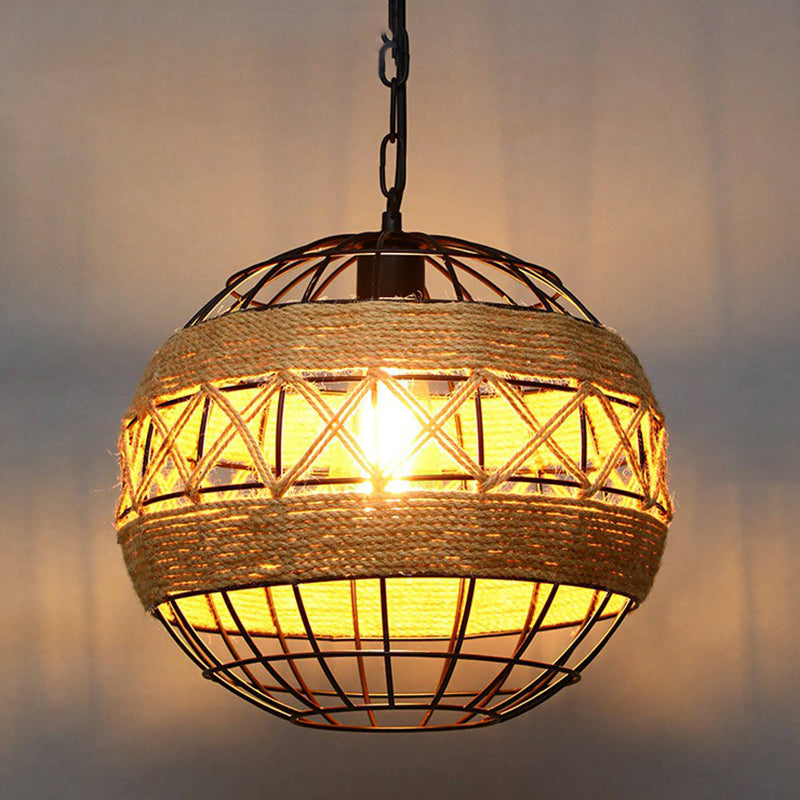 Rustic Hemp Rope Hanging Lamp Vintage Single-Bulb Pendant For Restaurants - Brown / D