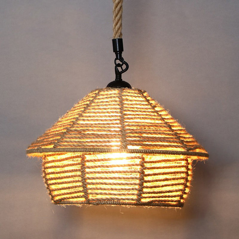 Rustic Hemp Rope Hanging Lamp Vintage Single-Bulb Pendant For Restaurants - Brown / I