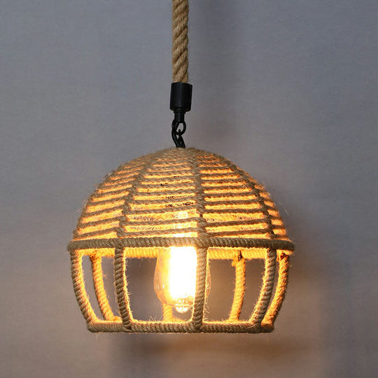 Rustic Hemp Rope Hanging Lamp Vintage Single-Bulb Pendant For Restaurants - Brown / F