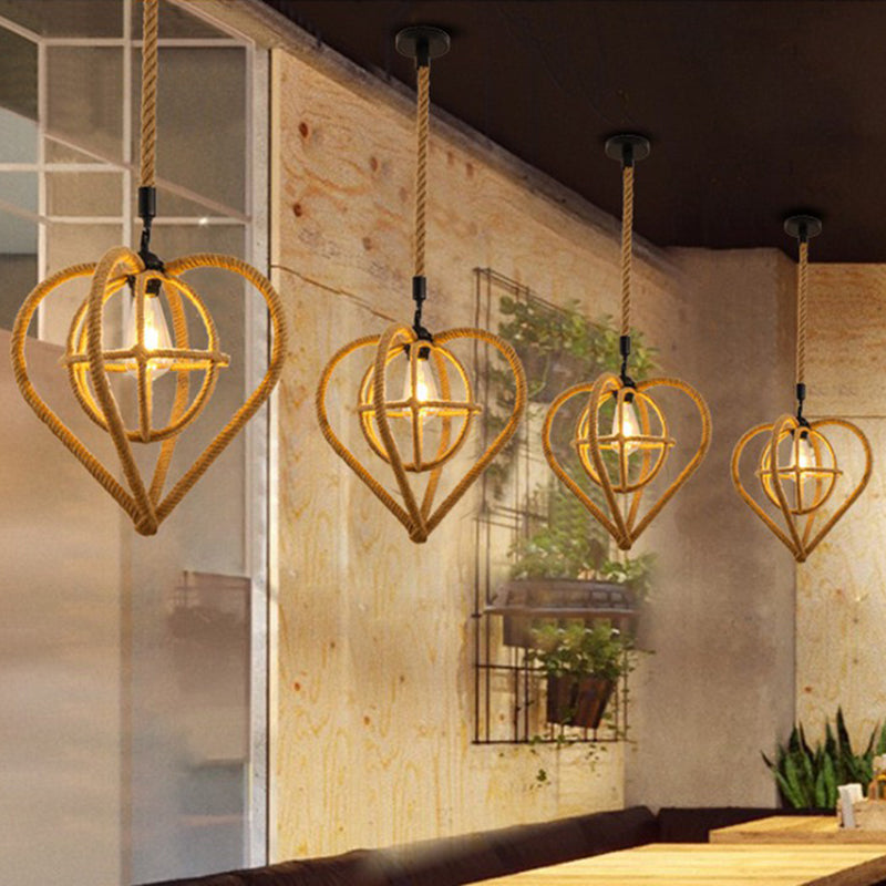 Hemp Rope Caged Pendant Light - Vintage Single-Bulb Hanging Fixture For Restaurants In Brown