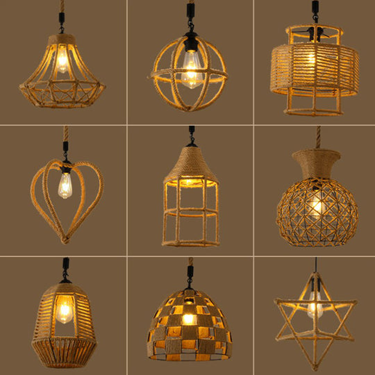 Hemp Rope Caged Pendant Light - Vintage Single-Bulb Hanging Fixture For Restaurants In Brown