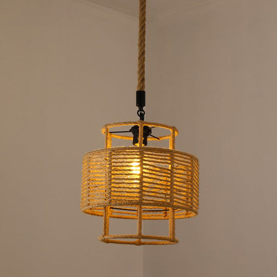 Hemp Rope Caged Pendant Light - Vintage Single-Bulb Hanging Fixture For Restaurants In Brown / C