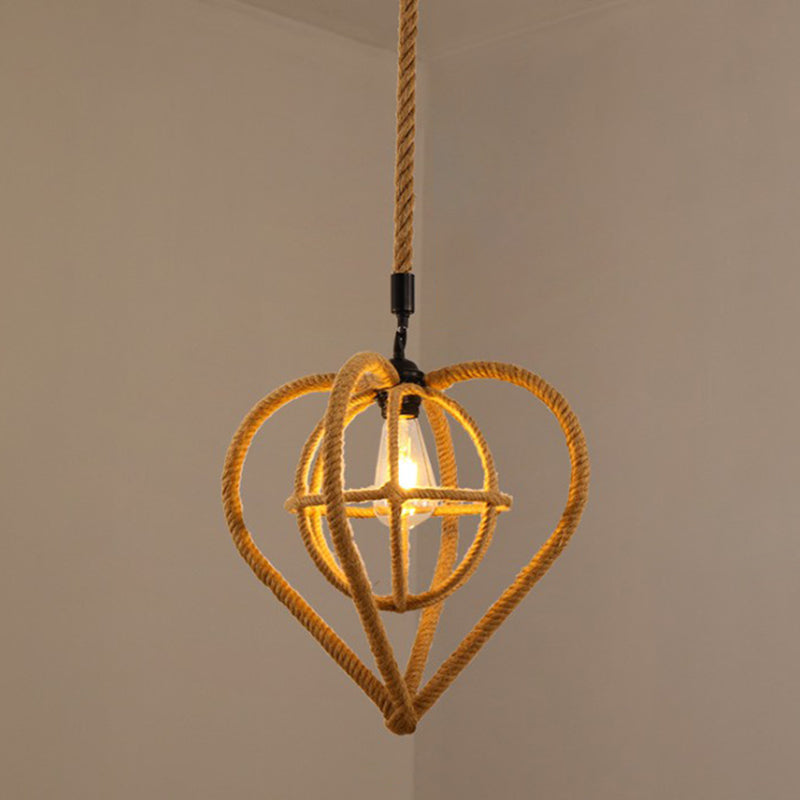 Hemp Rope Caged Pendant Light - Vintage Single-Bulb Hanging Fixture For Restaurants In Brown / D