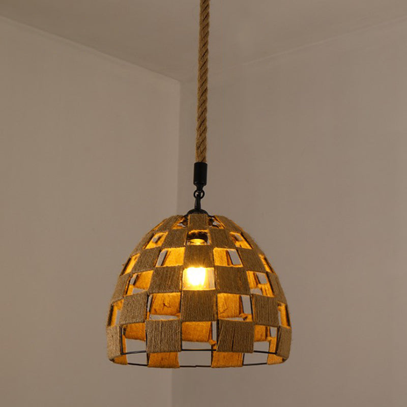Hemp Rope Caged Pendant Light - Vintage Single-Bulb Hanging Fixture For Restaurants In Brown / I