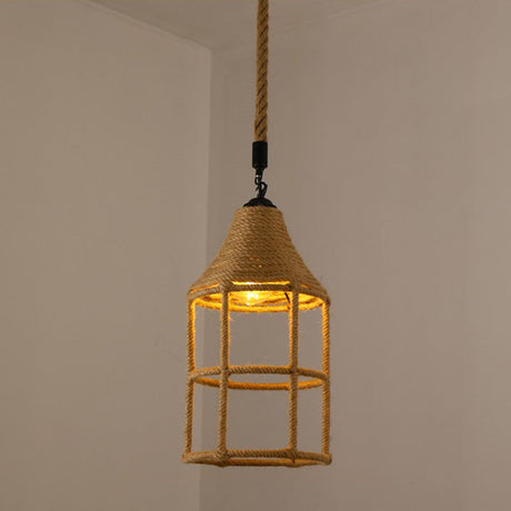 Vintage Hemp Rope Hanging Light: Single-Bulb Pendant For Restaurants In Brown / E