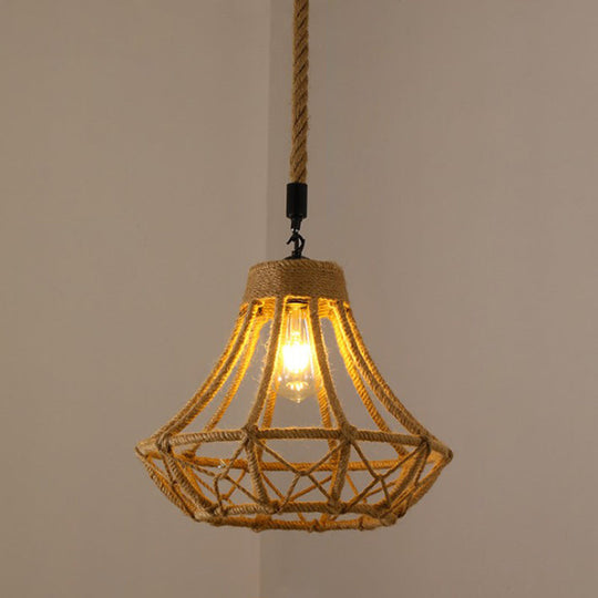 Hemp Rope Caged Pendant Light - Vintage Single-Bulb Hanging Fixture For Restaurants In Brown / A