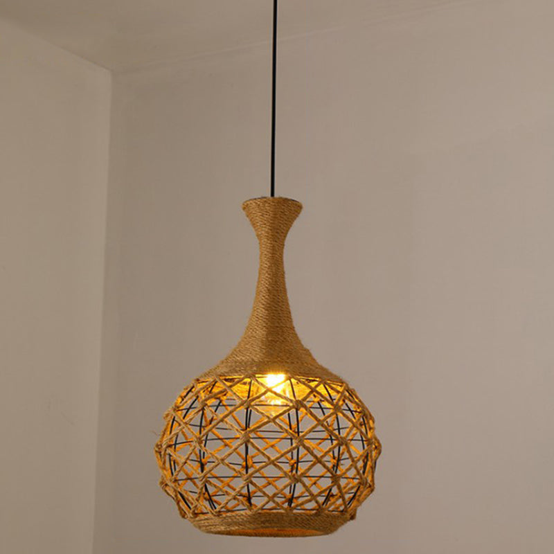 Hemp Rope Caged Pendant Light - Vintage Single-Bulb Hanging Fixture For Restaurants In Brown / N