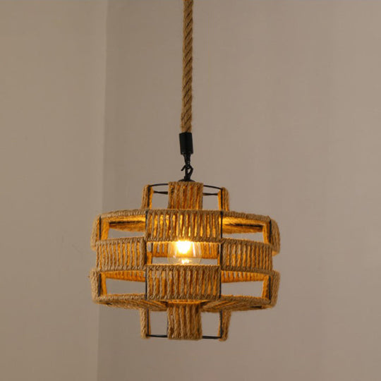 Hemp Rope Caged Pendant Light - Vintage Single-Bulb Hanging Fixture For Restaurants In Brown / M