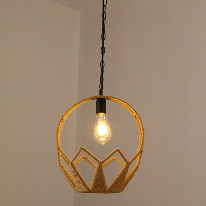 Hemp Rope Caged Pendant Light - Vintage Single-Bulb Hanging Fixture For Restaurants In Brown / J
