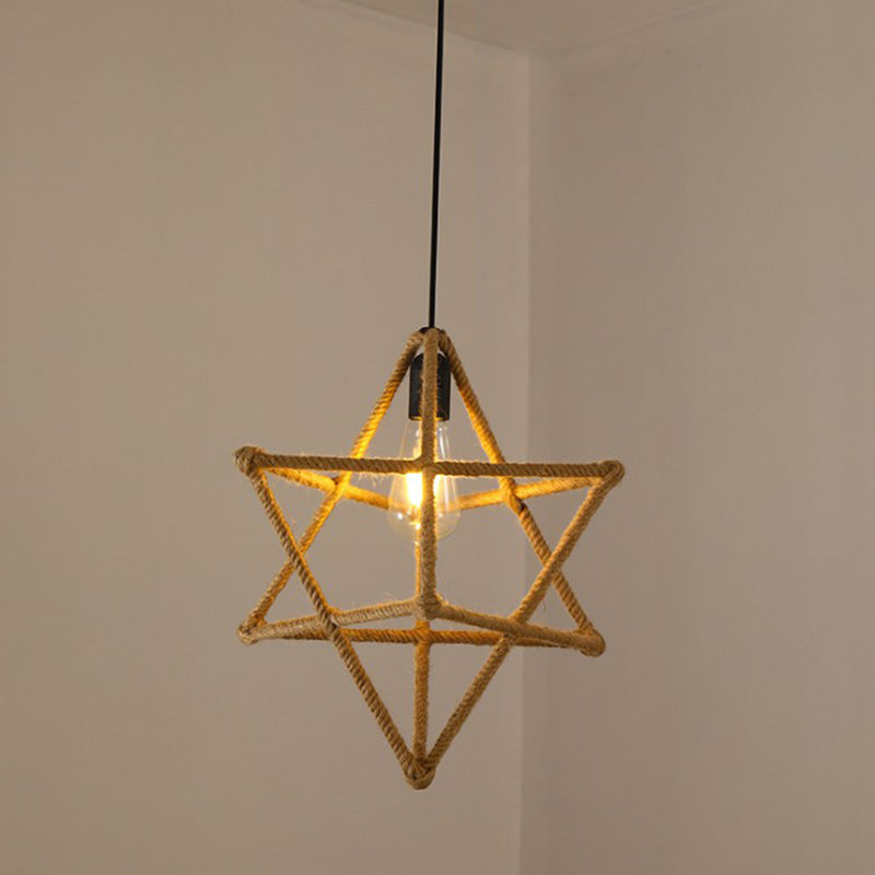 Hemp Rope Caged Pendant Light - Vintage Single-Bulb Hanging Fixture For Restaurants In Brown / G