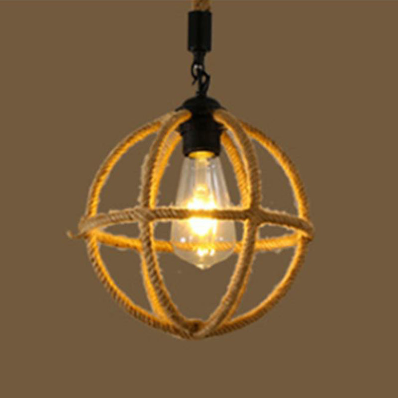 Hemp Rope Caged Pendant Light - Vintage Single-Bulb Hanging Fixture For Restaurants In Brown / B
