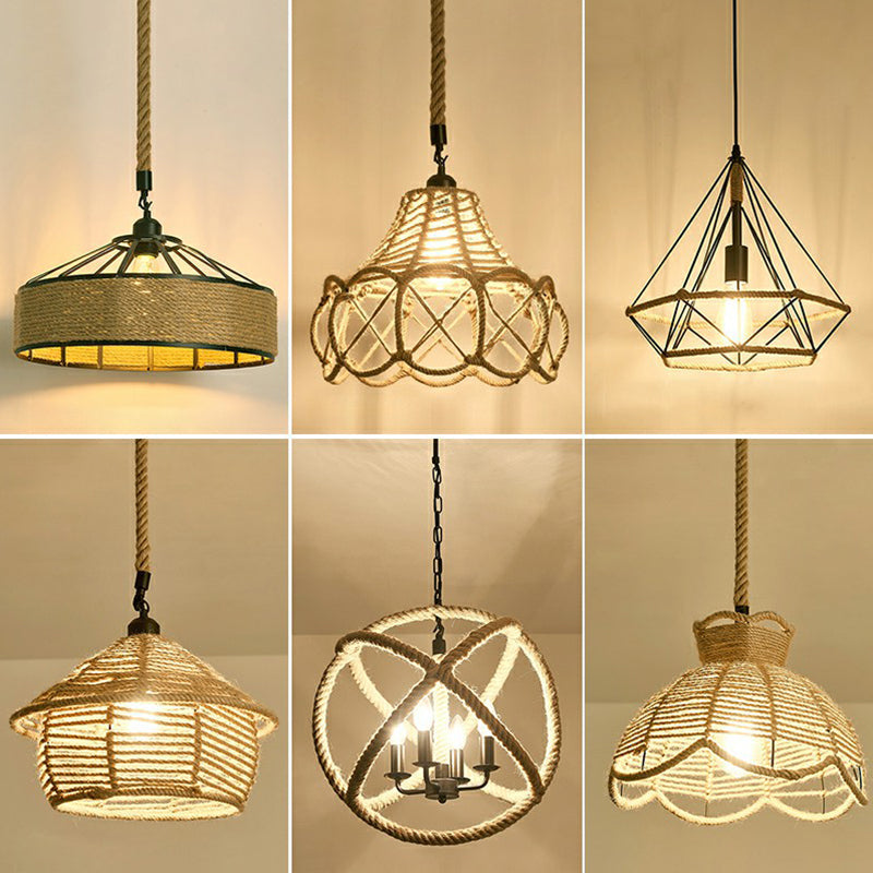 Hemp Rope Pendant Light - Antique 1-Light Fixture In Brown For Restaurants